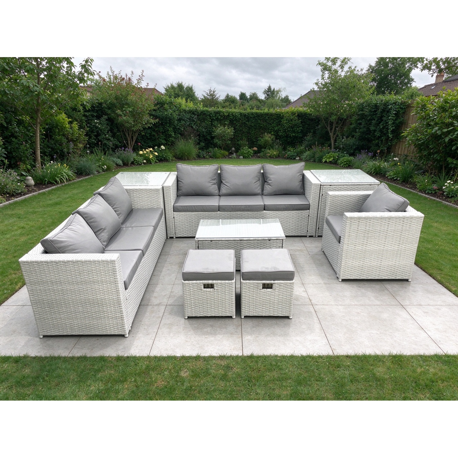 B&Q - Wicker Pe Rattan Sofa Garden Furniture Set Armchair Oblong Coffee Table 2 Small Stools 2 Side Tables Light Grey - Image 2