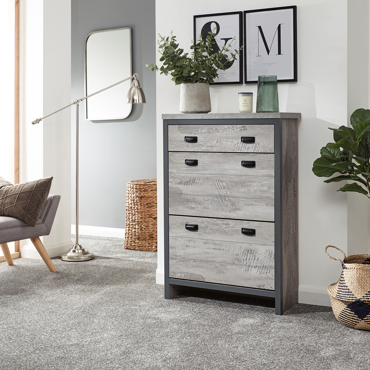 GFW - Boston 2 Tier 1 Drawer Shoe Cabinet - Grey thumbnail
