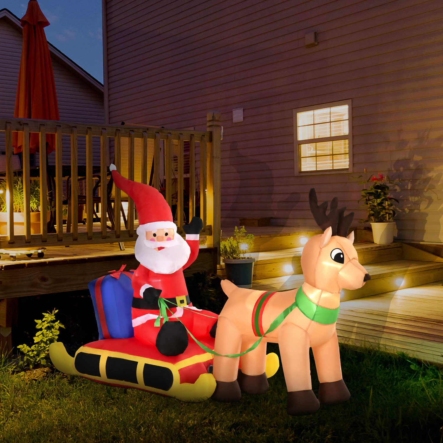 HOMCOM Self-inflating Inflatable Xmas Santa Claus Sledge Sleigh Reindeer 8 LED - Red