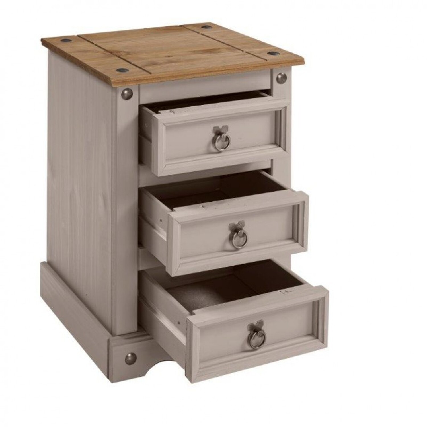Corona Medium 3 Drawer Bedside Cabinet Solid Wood Pine Wooden - Grey