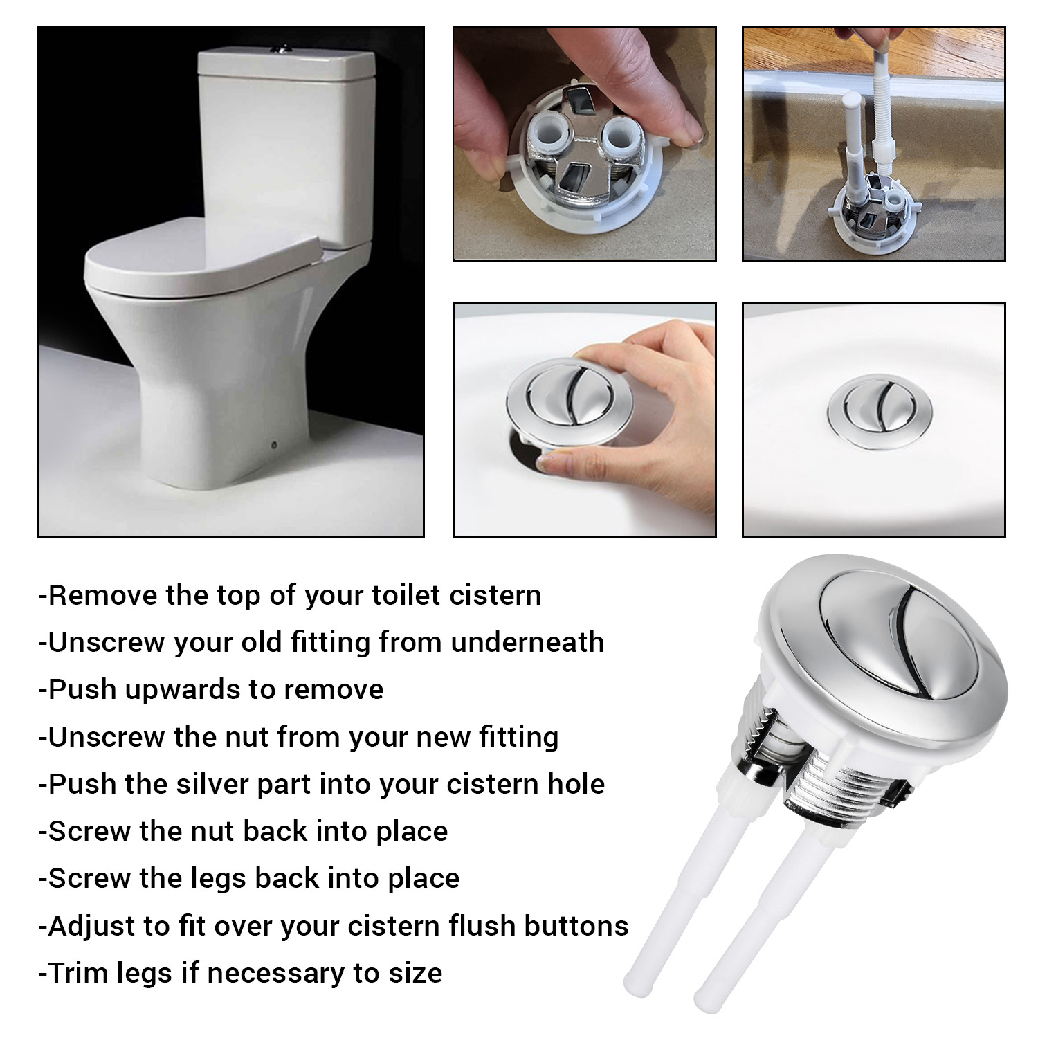 Universal Dual Flush Toilet Button – Chrome Push Button Flush Valve Replacement Kit (Multiple Sizes)