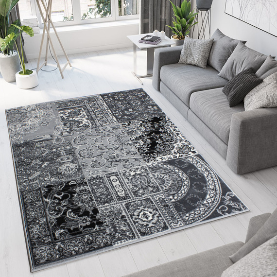 Black Grey Monochrome Traditional Patchwork Living Room Rug