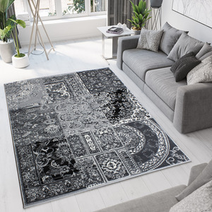 Black Grey Monochrome Traditional Patchwork Living Room Rug