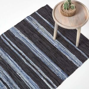 Homescapes Texas Leather Denim Woven Striped Blue Rug