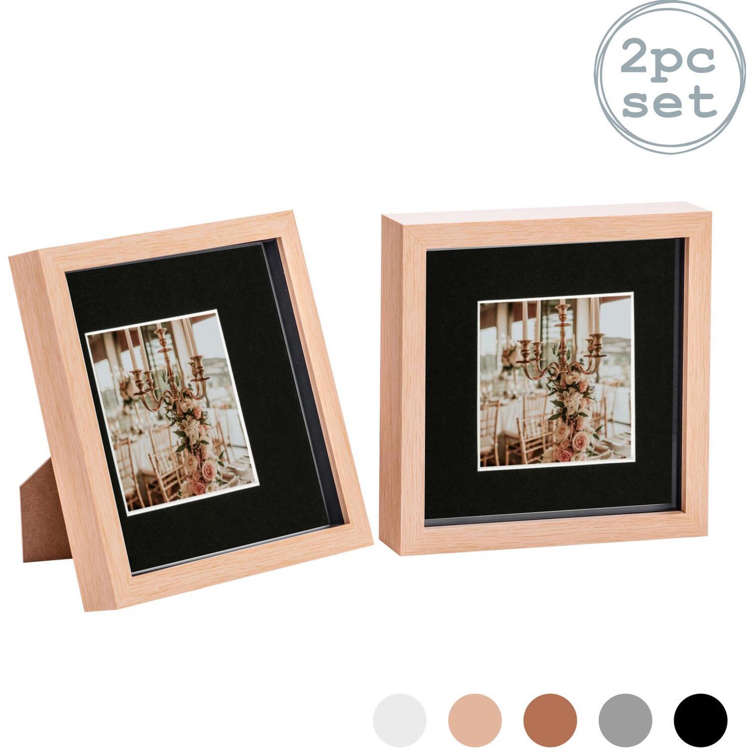 3D Box Photo Frame - 8 x 8" with 4 x 4" Mount - Pack of 2 - Light Wood/Black / 25cm