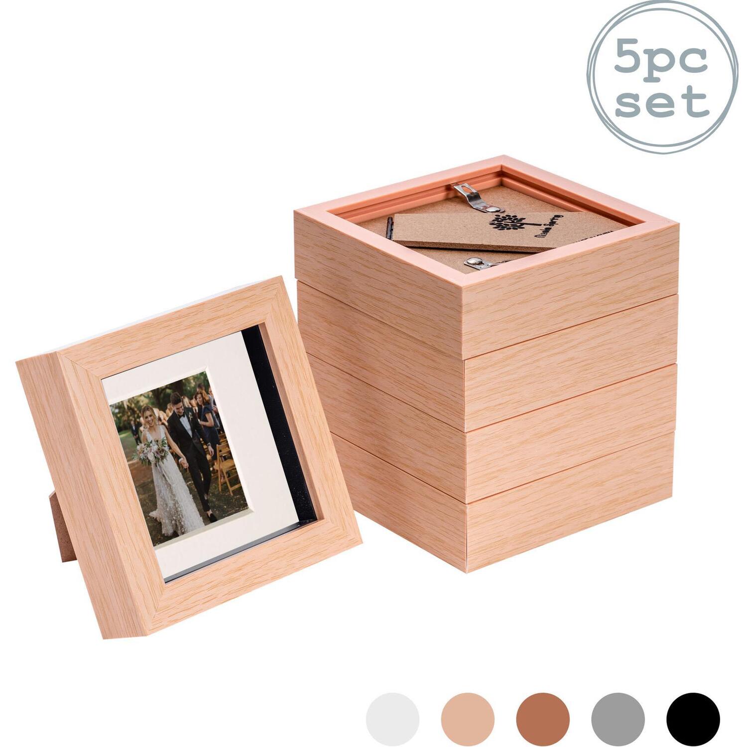 3D Box Photo Frame - 4 x 4" with 2 x 2" Mount - Pack of 5 - Light Wood/Ivory / 10cm