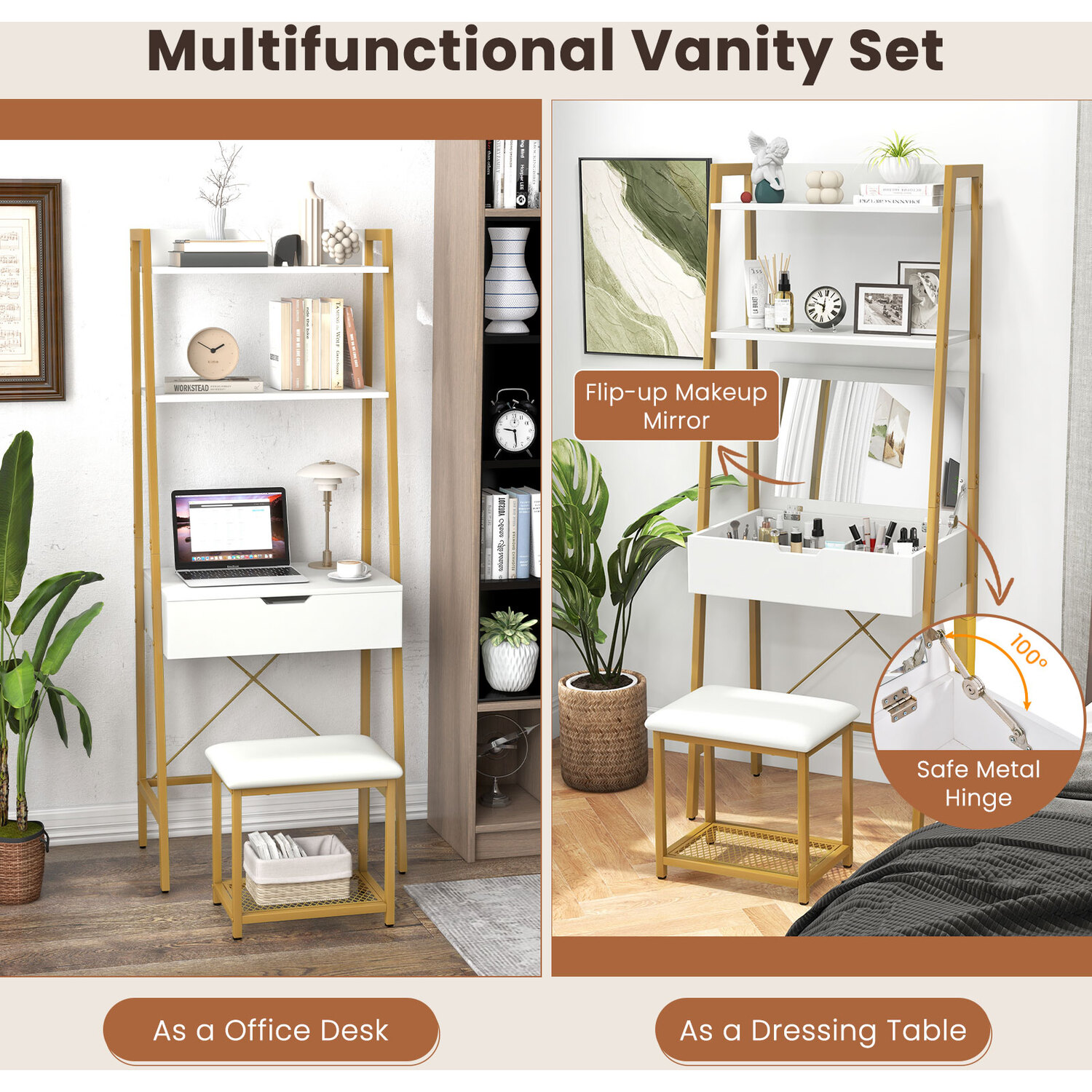 3-in-1 Vanity Table Set With Mirror - Gold