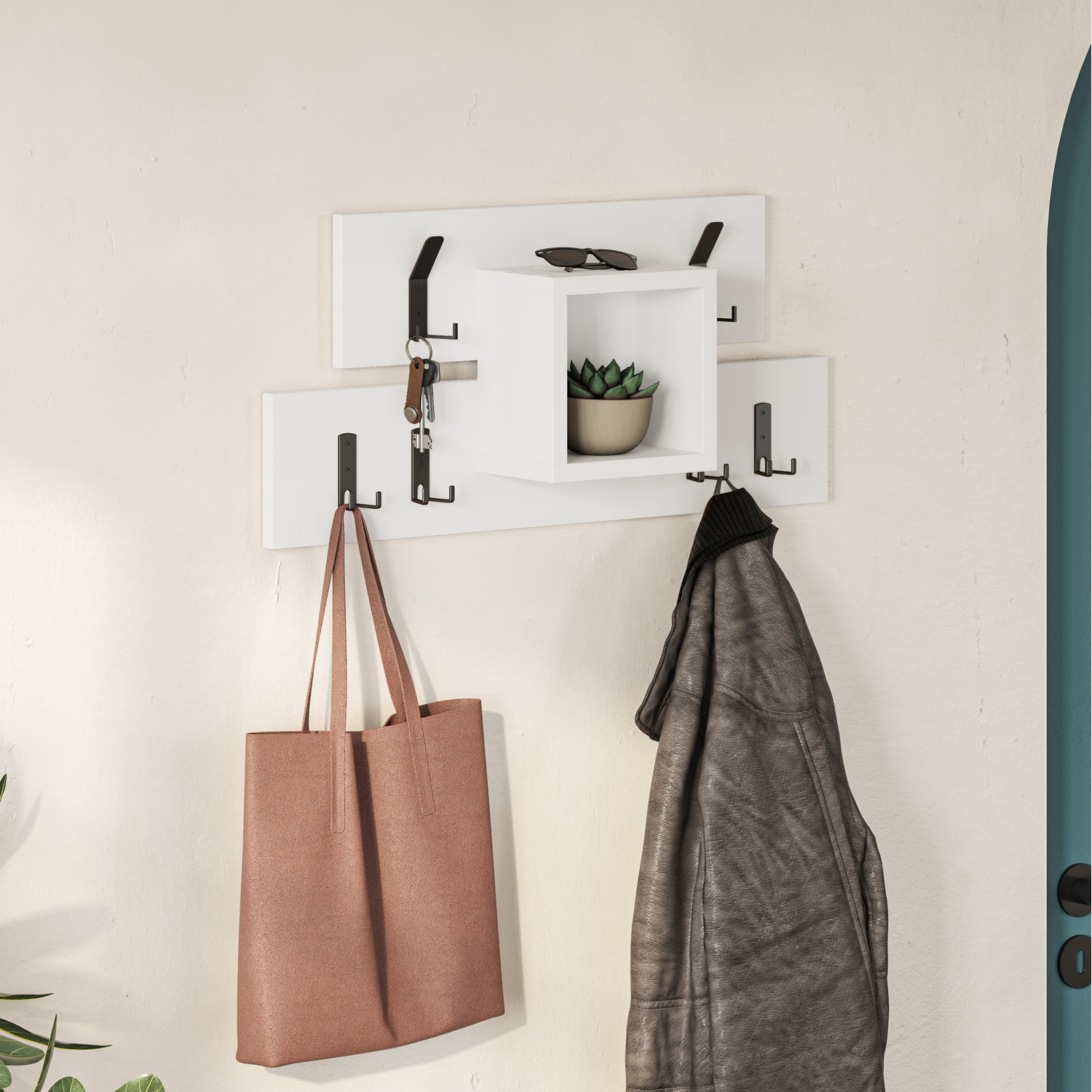 Lumina Modern Coat Hanger with 6 Hooks 1 Open Shelf - White
