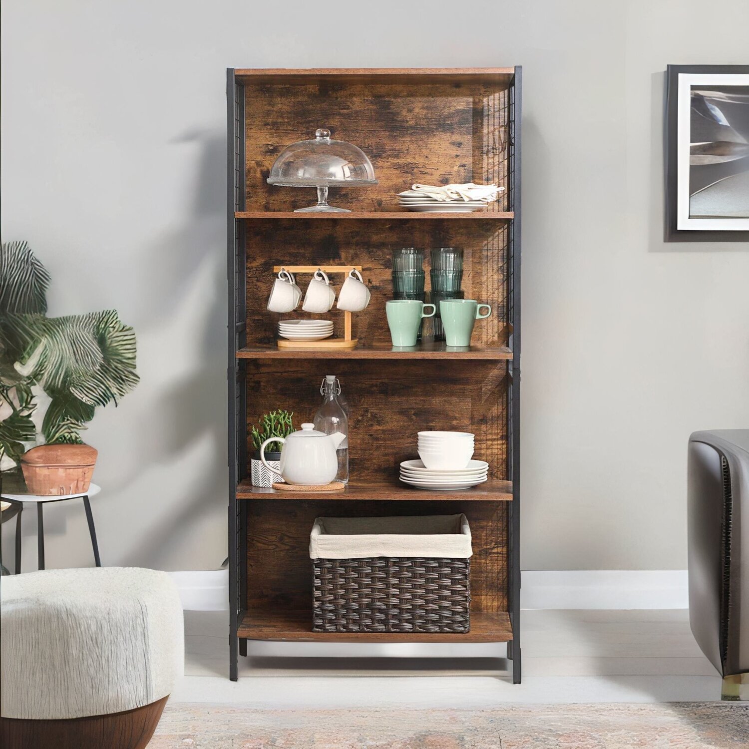 Industrial 4 Tier Bookcase Storage Cabinet Rustic Shelving Unit - Brown