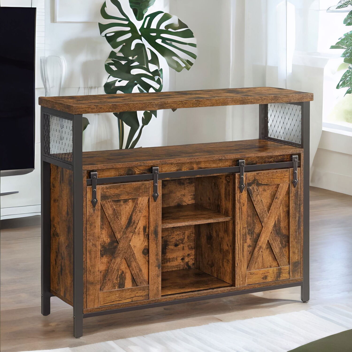 Multipurpose Sideboard With Sliding Barn Doors - Rustic Brown