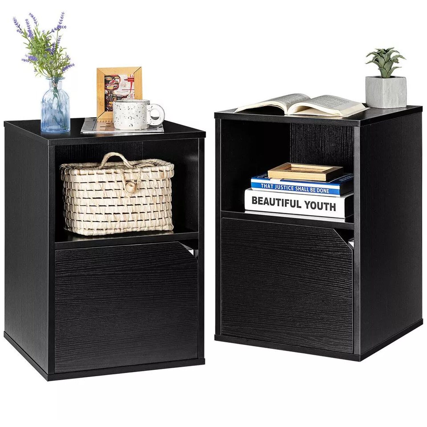 Pair Of Black Storage Bedside Tables - Black