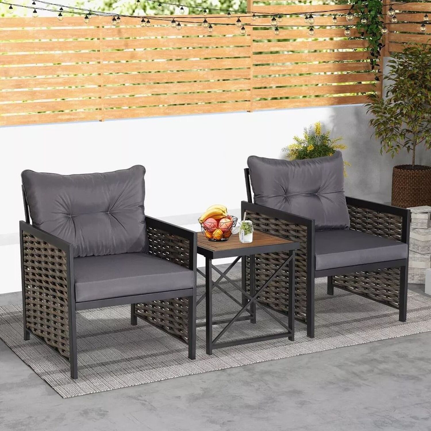 3 Piece Rattan Conversation Set Patio Wicker Chairs And Coffee Table Set - Grey