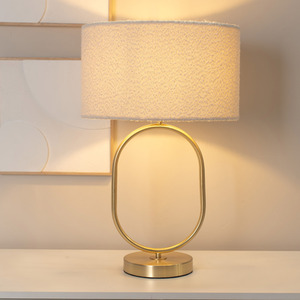 Antonia Brushed Gold Oval Table Lamp with Boucle Drum Shade and LED Bulb