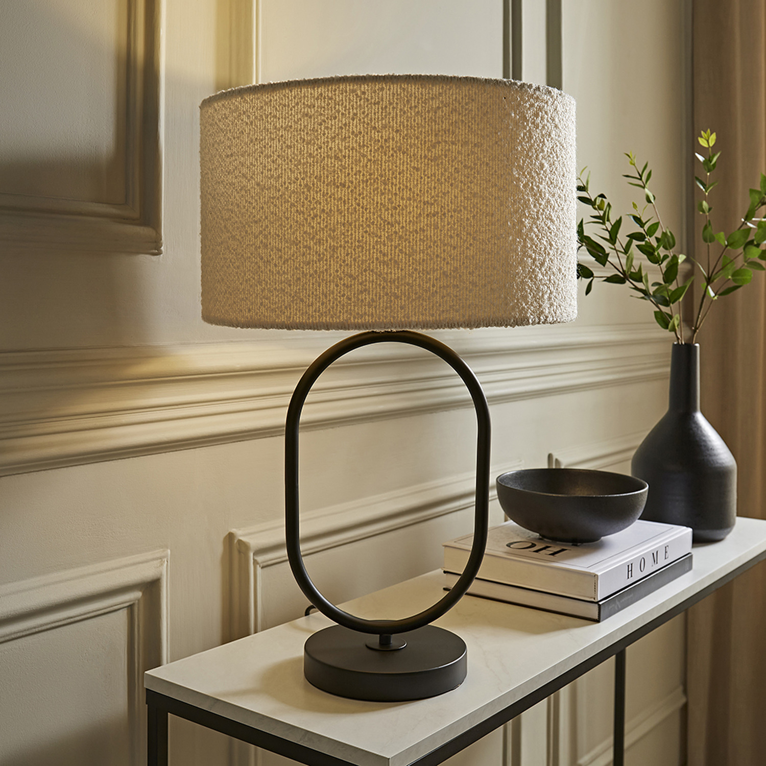 Antonia Matte Black Oval Table Lamp Boucle Drum Shade and LED Bulb - Cream