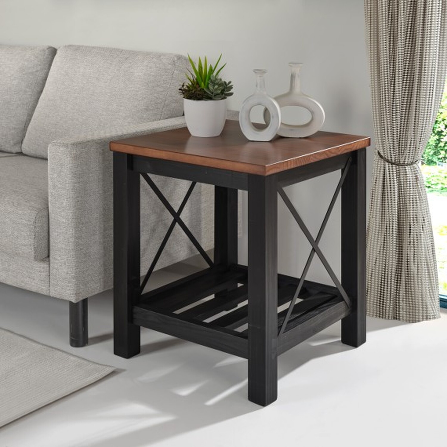Cottage Lamp Table Solid Wood Side End Coffee - Black