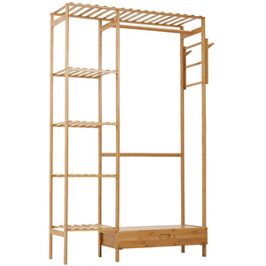 Wooden Clothes Rack with Hooks and Drawer