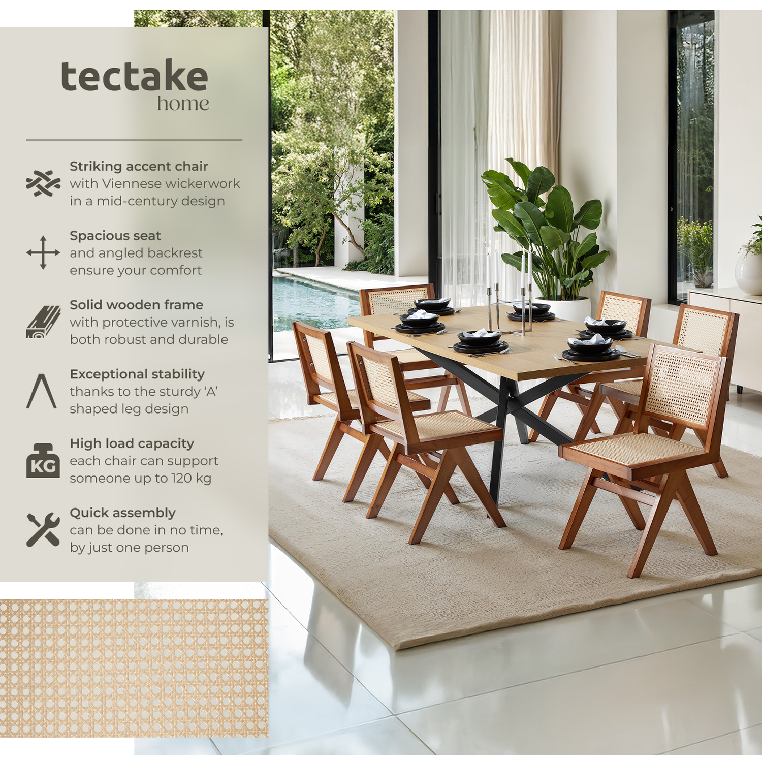 Dining Chair With Rattan Backrest And Solid Wood Frame - Dark Oak 83cm 2