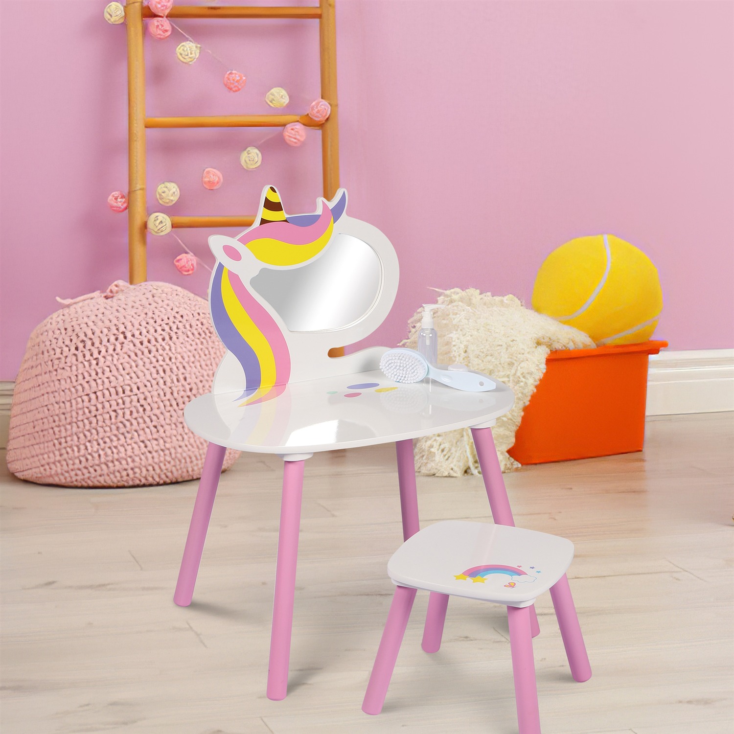 Unicorn Themed Vanity Table Set With Mirror And Stool - Pink