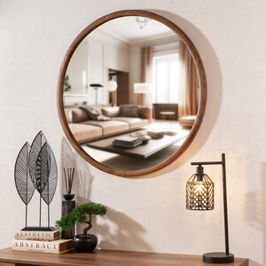 Solid Dark Wood Round Mirror