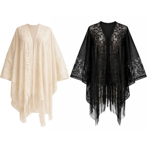 Women Lace Kimono Cover Up Fringe Lightweight Beach Shawl