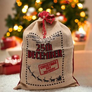 Festive Christmas December Jute Sack with Reindeer Christmas Delivery Stamp