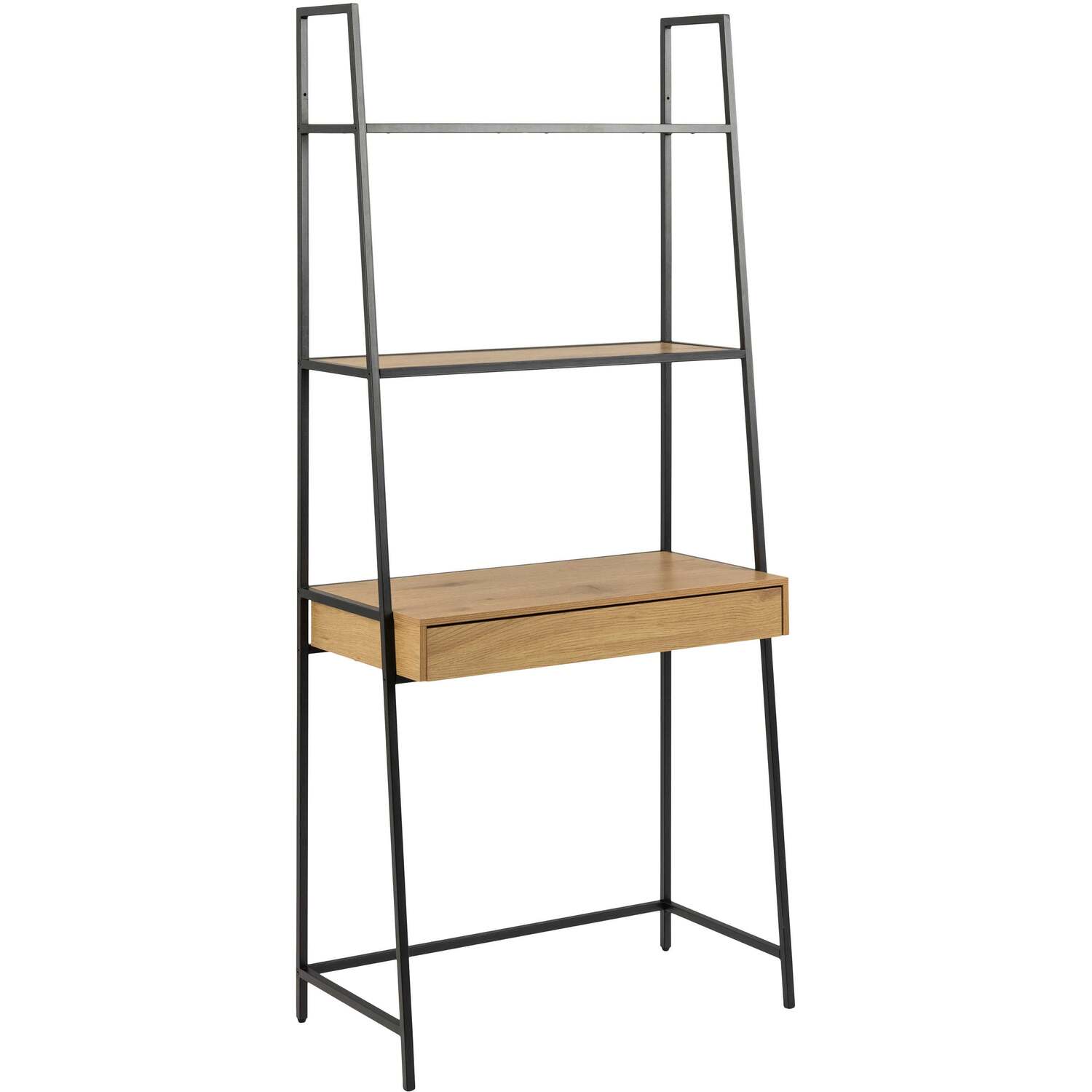 Wyld Haus El Paso Tall Bookcase Desk - Matt Black Metal with Wild Oak Effect Shelves and Drawer - Natural