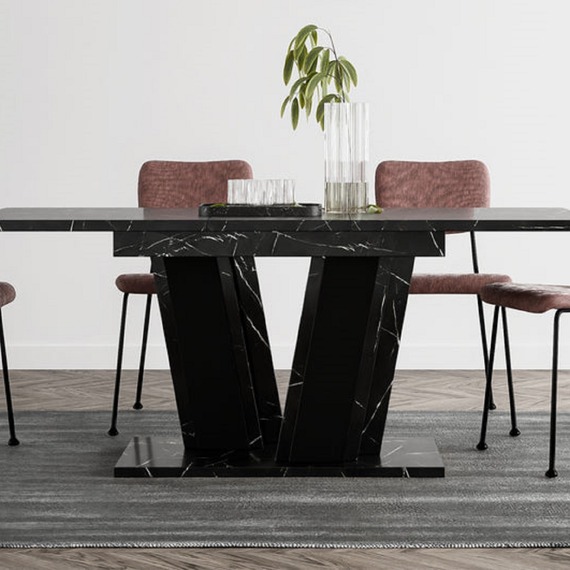 MUSS 120-160cm Extendable Dining Table Black Marble Effect Black Pedestal