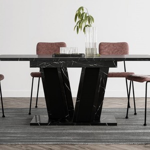 MUSS 120-160cm Extendable Dining Table Black Marble Effect Black Pedestal
