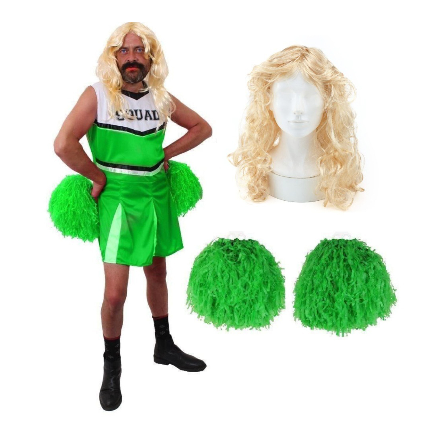 Green Cheerleader Costume with Wig & Pom Poms