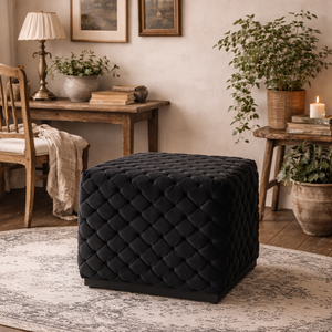 Parker Small Velvet Diamond Tufted Square Pouffe