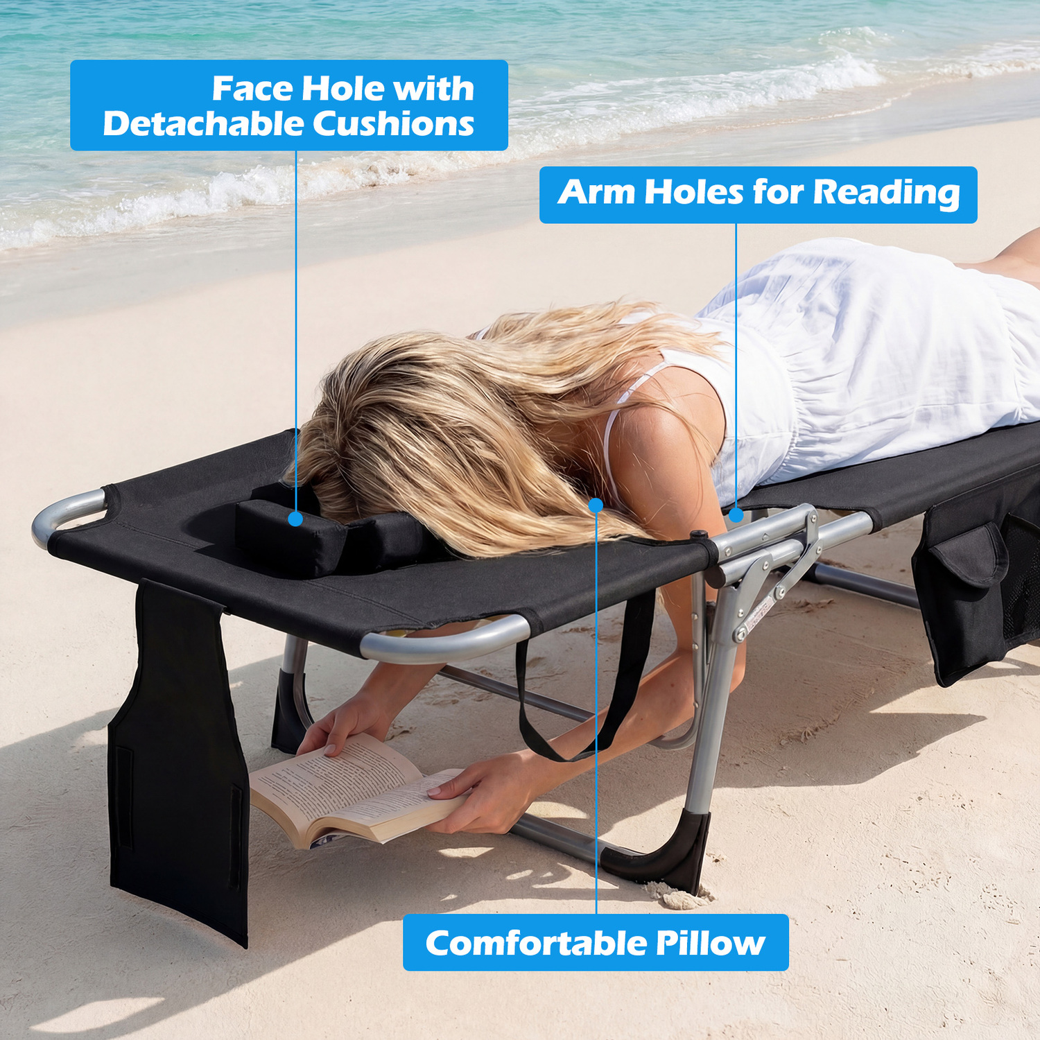 Folding Chaise Lounge Beach Chair - Black