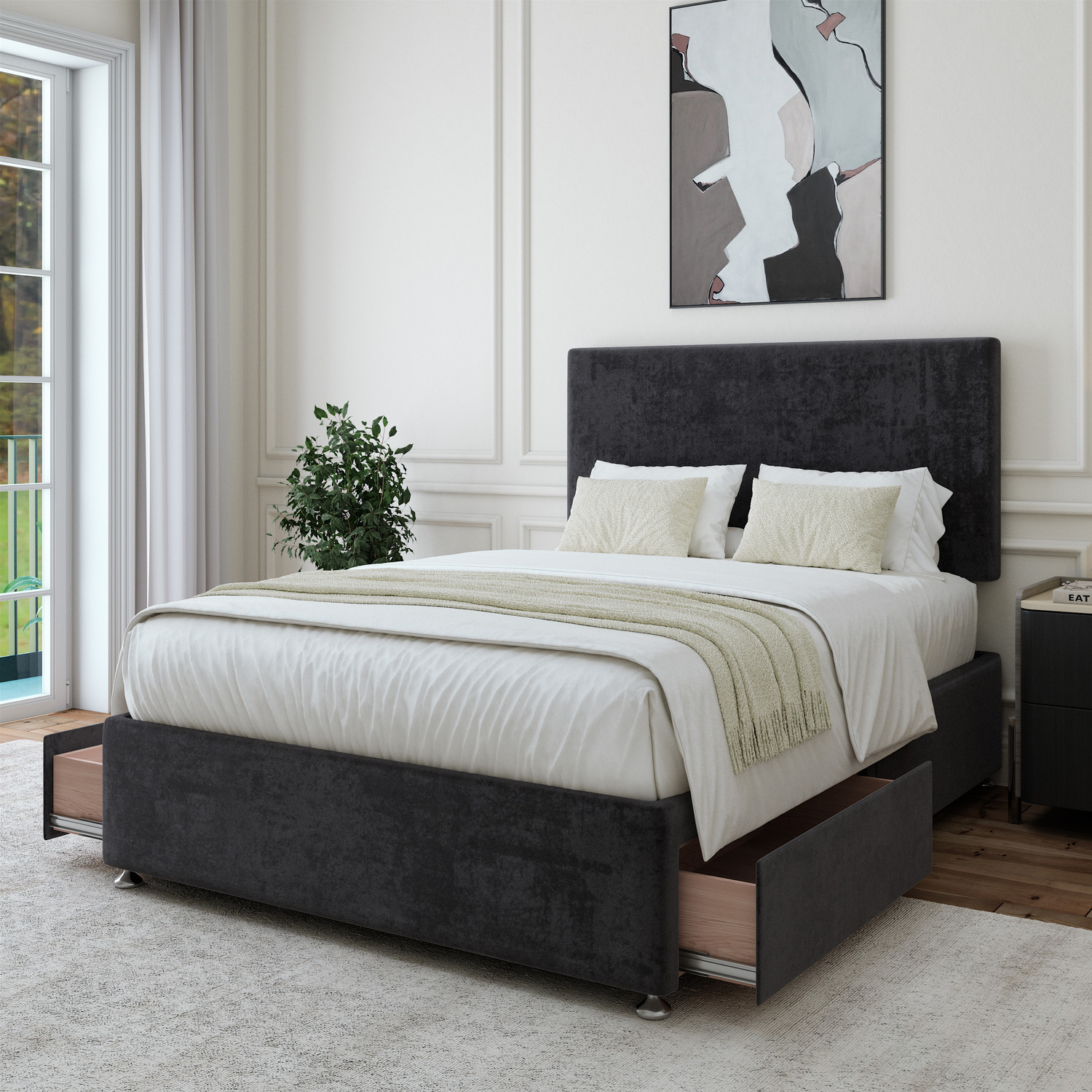 Luxury Velvet Divan Base With Storage And Plain Headboard - Colour Options - Black 40kg Double