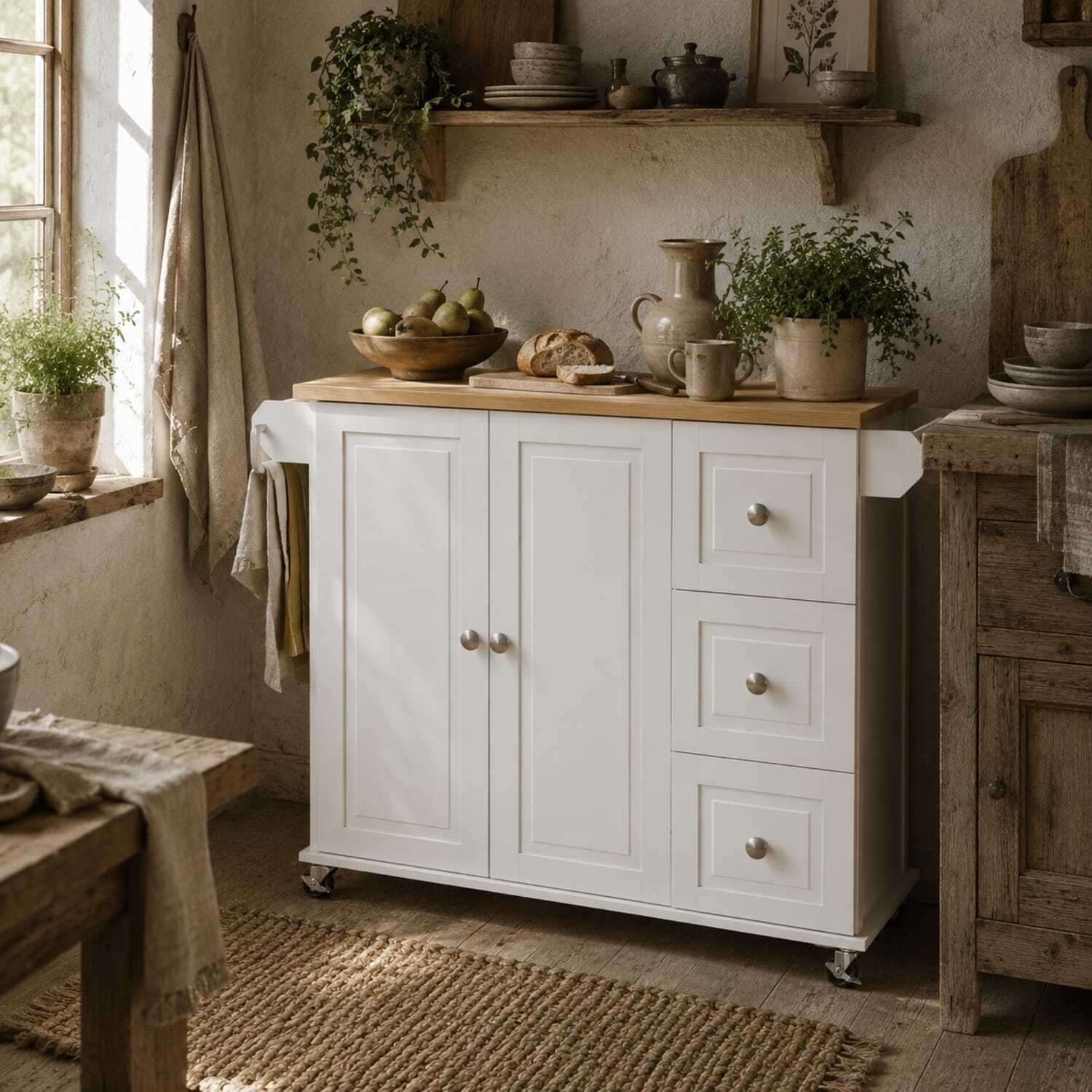 Cosoco Noli White Rolling Kitchen Island with Drop-Leaf, Drawers