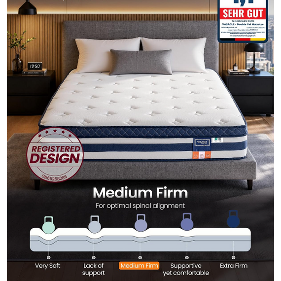 VASAGLE Pocket Sprung Double Bed Mattress, Cooling Gel Foam, 190 x 135 x 25 cm