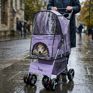 Actiaspet Foldable Pet Stroller with Swivel Wheels (Purple Dot, Stroller + Cover)