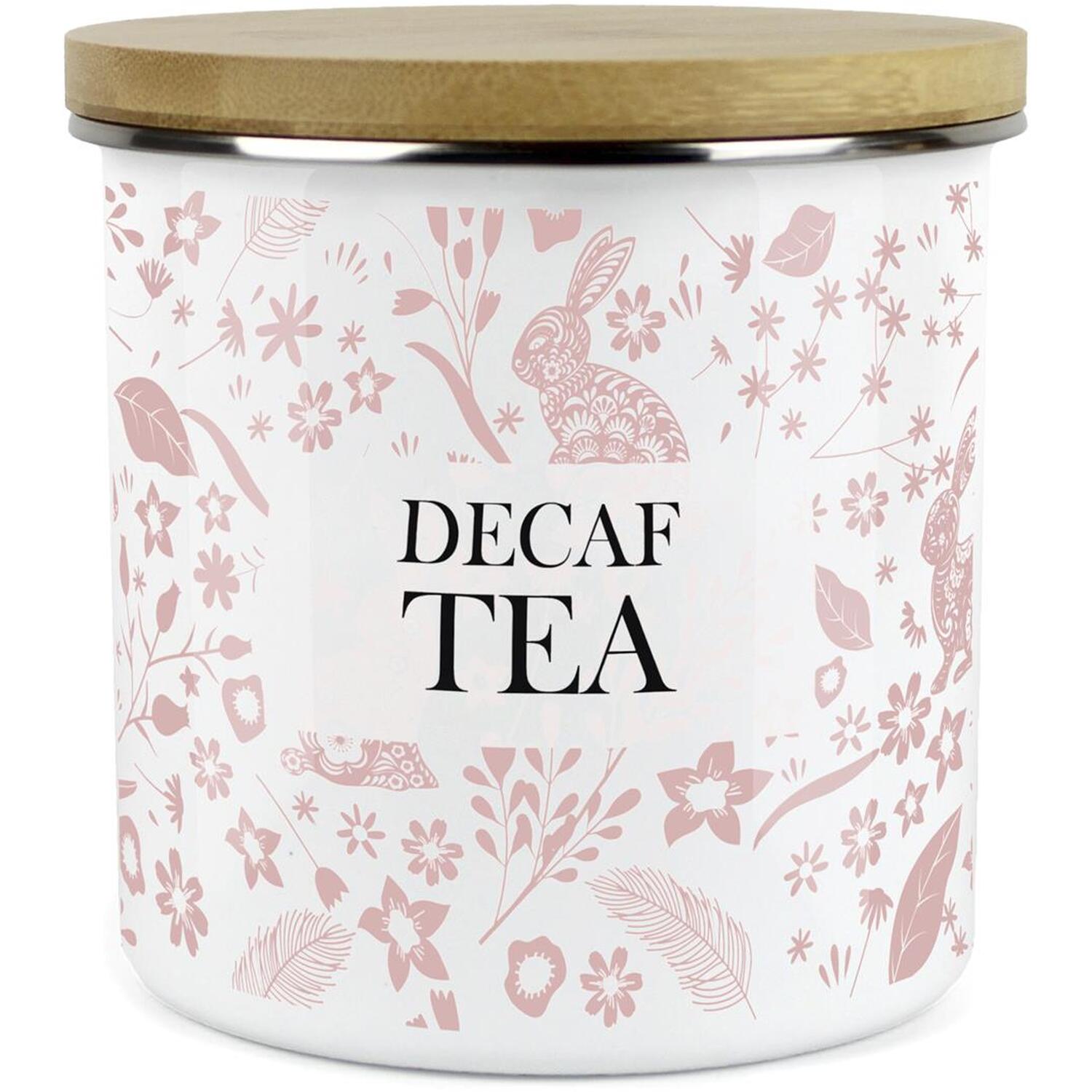B&Q - Pink Wild Rabbits Decaf Tea Storage CanisterWhite Metal Enamel Kitchen Food Storage Container - Image 2