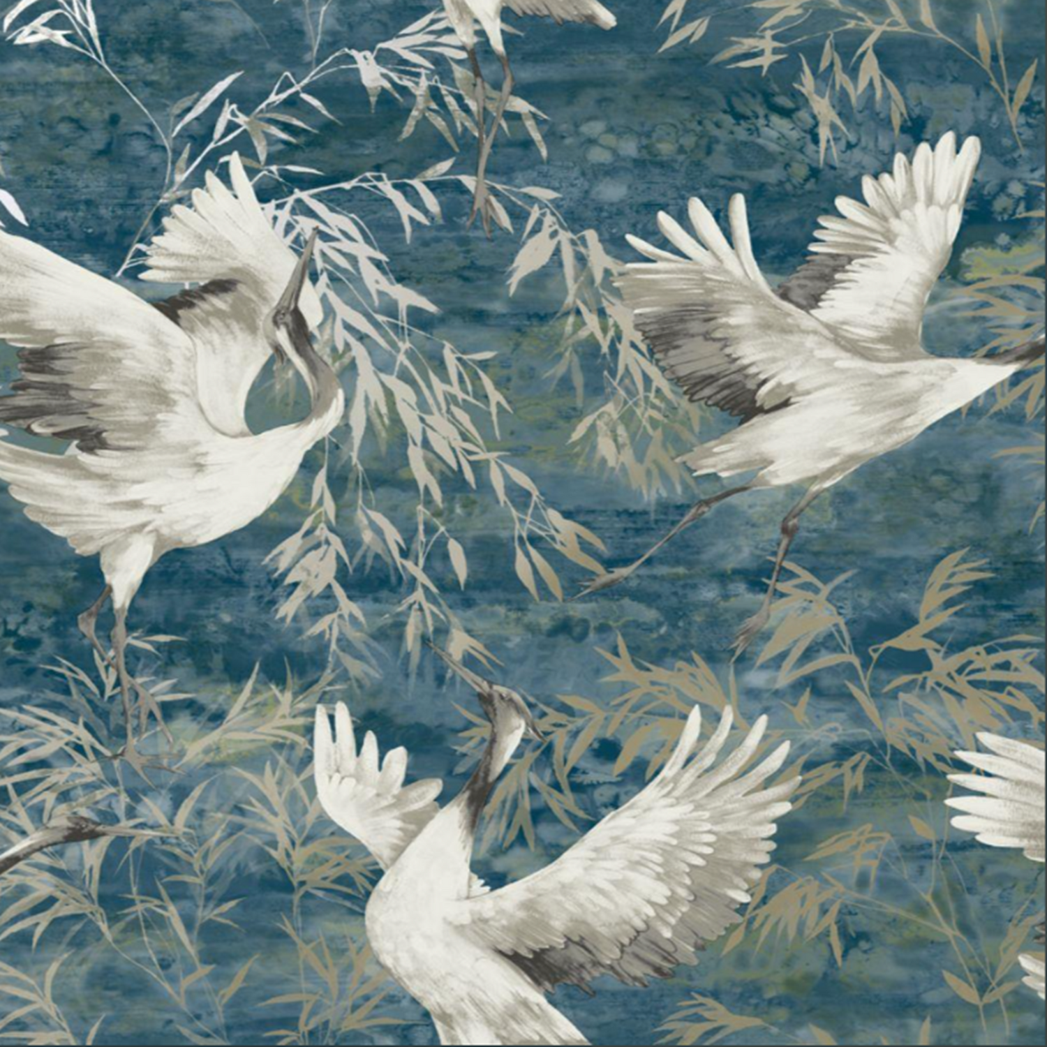 Sophie Laurence Teal Blue Gold Teal Blue Cranes Wallpaper For Living Room Textured Gold Metallic Shimmer Vinyl Heavy Weight - Image 2