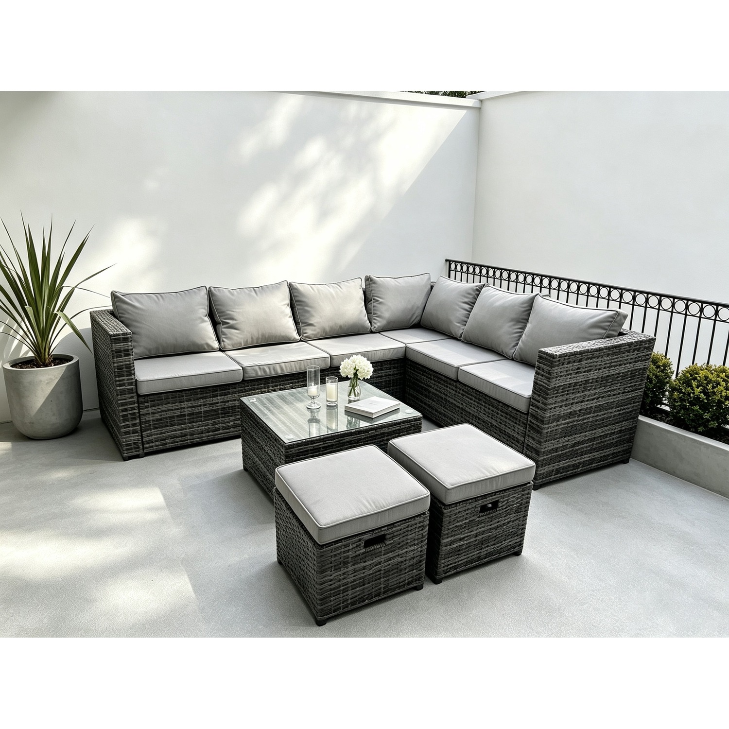 Fimous Unisex Dark Grey Seater Grey Lounge Rattan Sofa Set Dining Table Chair Foot Rest Garden Furniture Outdoor In Size 7 - Image 2