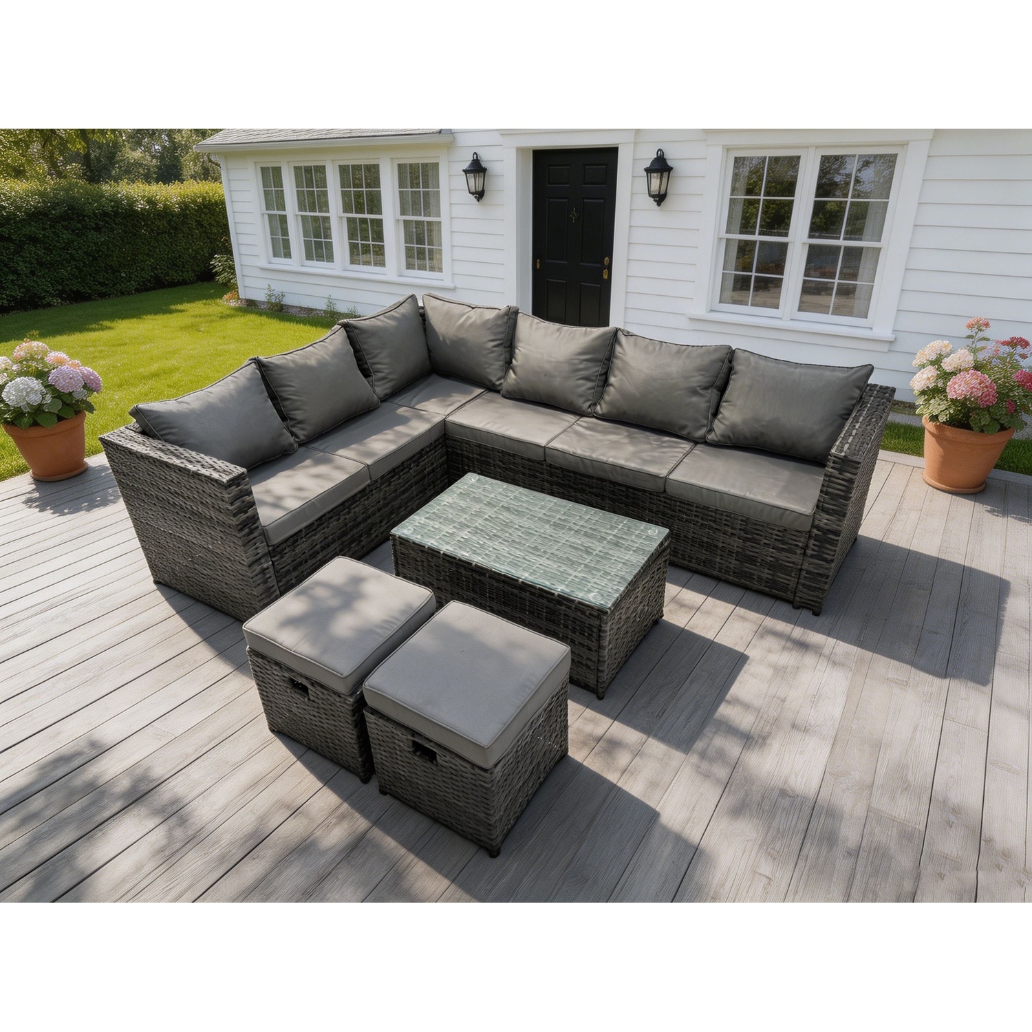 Fimous Dark/Grey 8 Seater Rattan Corner Sofa Lounge Sofa Set With Rectangular Coffee Table 2 Stool And Chair Left Hand - Image 2