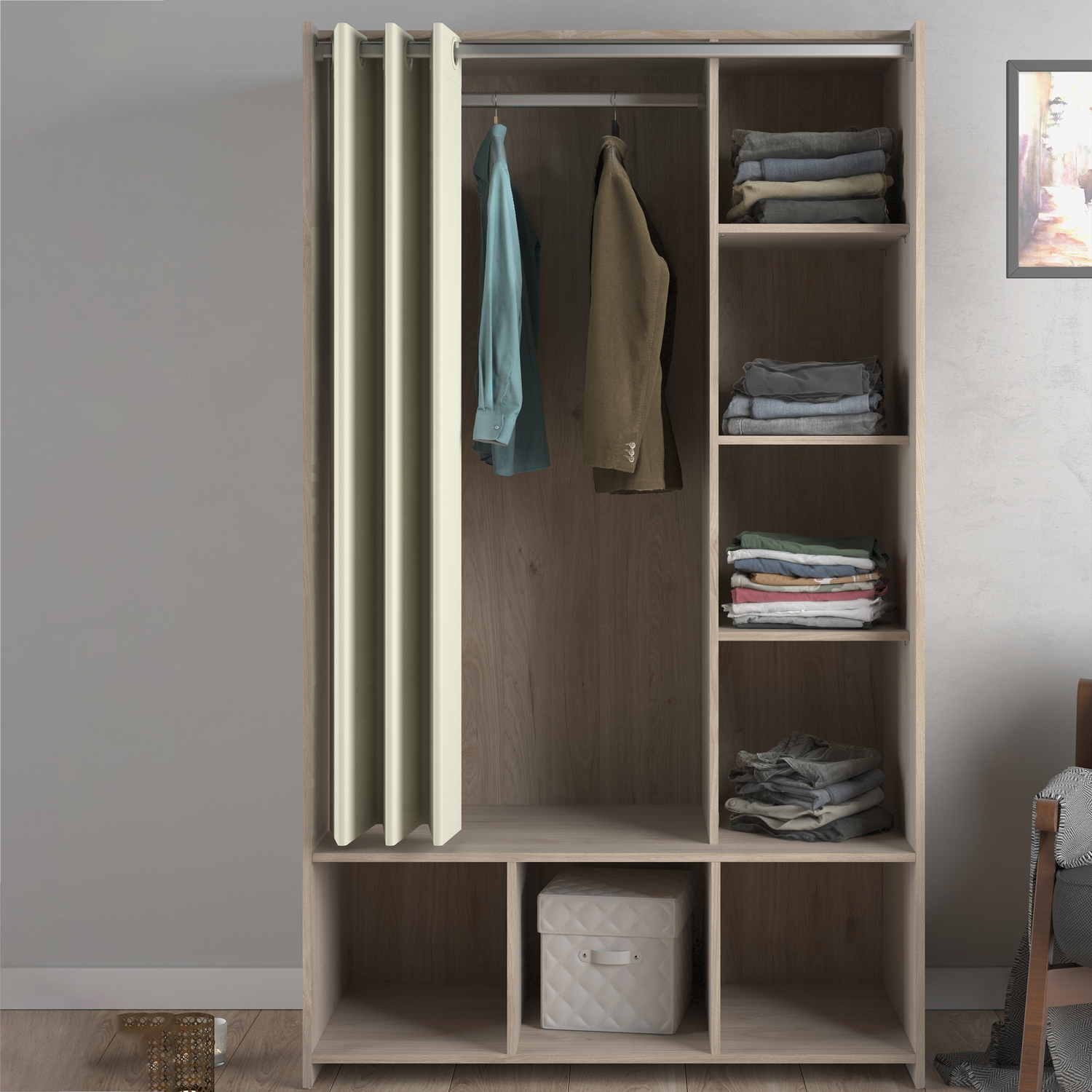 Furniture To Go Beige/Brown Uppsala Open Mobile Wardrobe Unit In Jackson Hickory Oak With A Textile Curtain - Malemine - 1 - Image 4