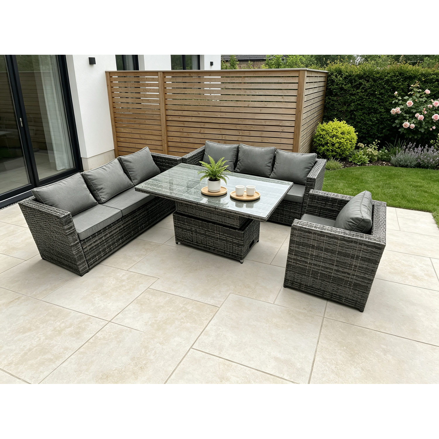 Fimous Wicker Pe Garden Furniture Rattan Sofa Set Outdoor Adjustable Rising Lifting Dining Table Set With Armchair 7 Seater - Image 3