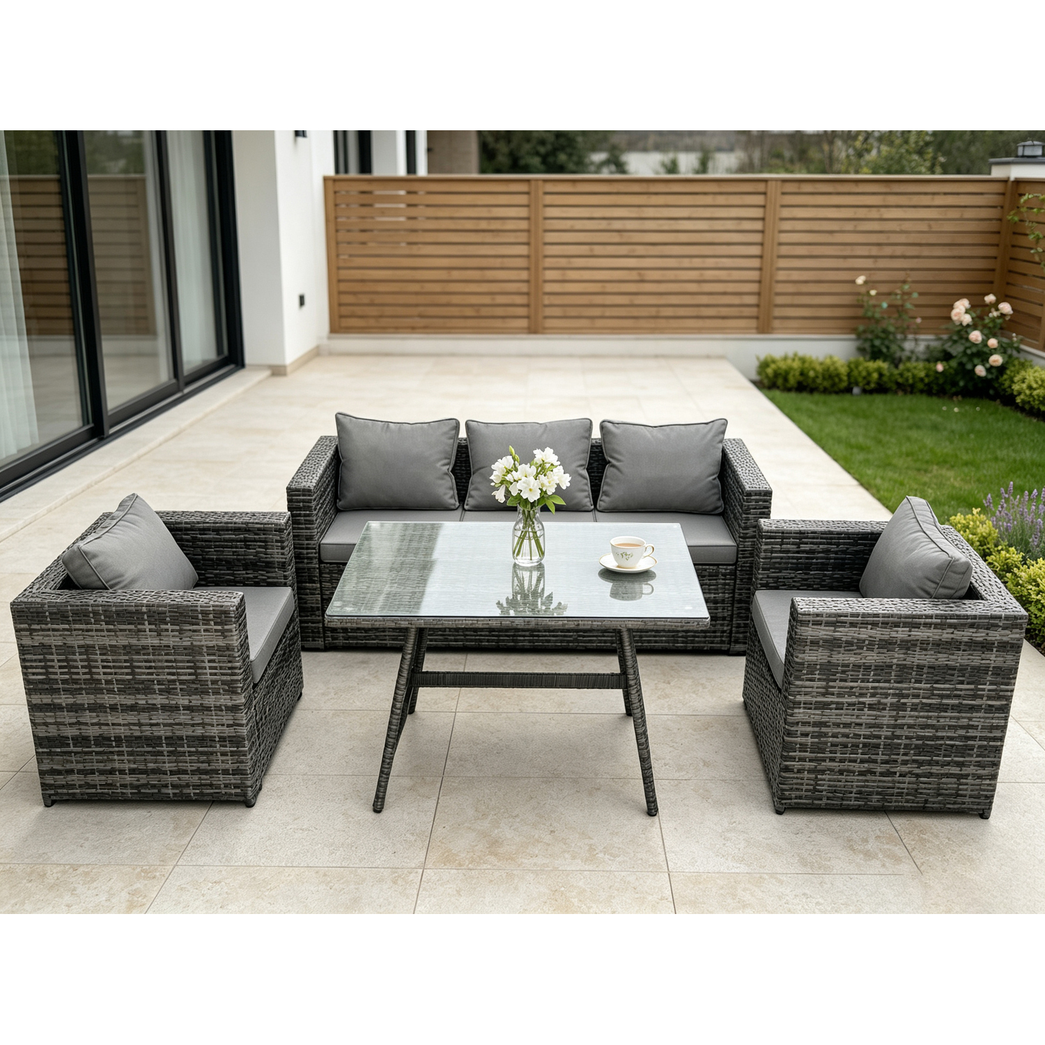 Fimous Unisex Dark Grey Wicker Pe Rattan Outdoor Furniture Garden Dining Set With Lounge Sofa Oblong Dining Table Armchairs In Size 2 - Image 2