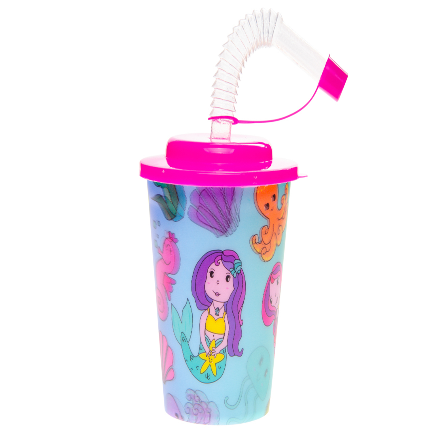 - Pack Of 12 Mermaid 3D Cups With Straw And Lid- Theme Party Bag Filller Gifts - Image 3
