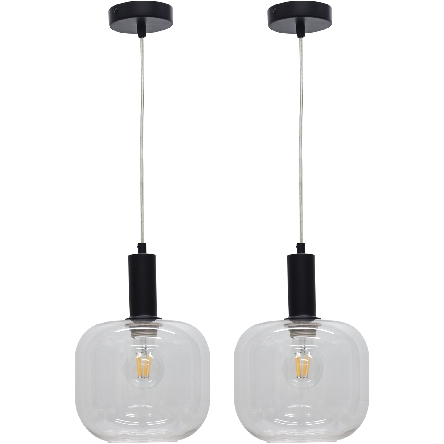 First Choice Lighting Set Of 2 Bletch Clear Glass Black Deco Pendant Fittings - Black & Clear
