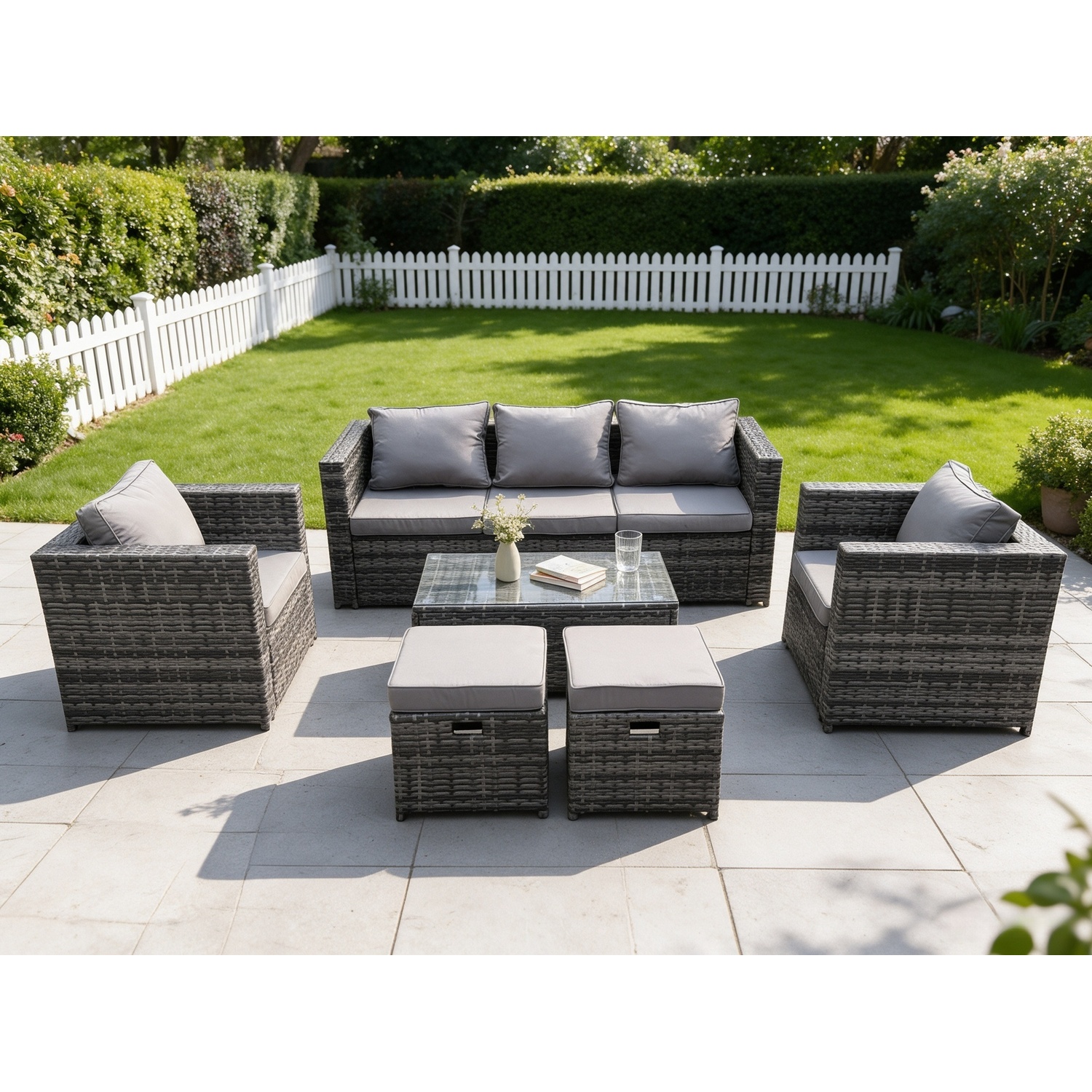 Fimous Outdoor Rattan Garden Furniture Set With 3 Seater Sofa Coffee Table 2 Armchairs 2 Small Footstool Patio Lounge Sofa Set - Image 3