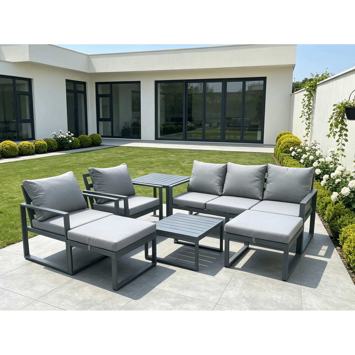 B&Q - Aluminium Outdoor Lounge Sofa Set Garden Furniture Sets With Square Coffee Table 2 Chairs Side Table Dark Grey 7 Seater - Image 2