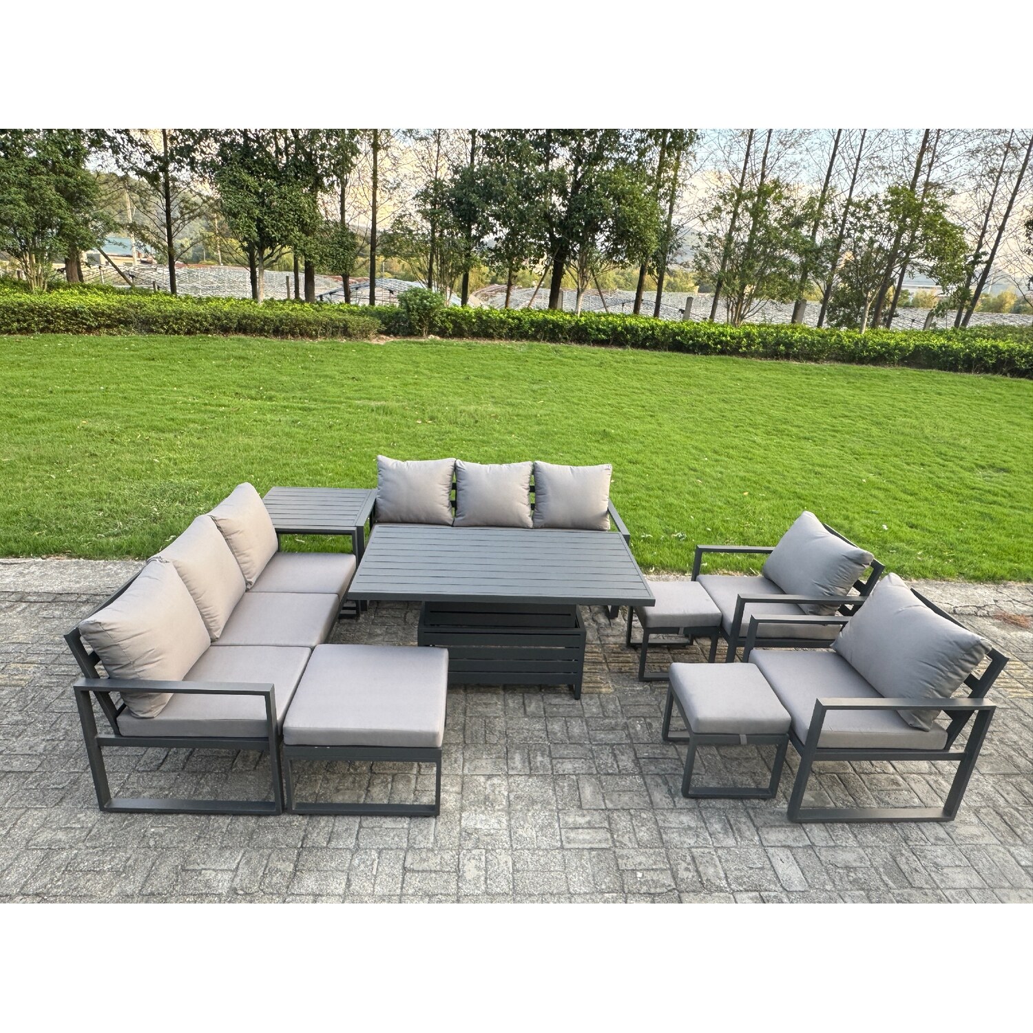 Fimous 9 Piece Garden Furniture Set 11-Seater Aluminium Outdoor Dining Set With Adjustable Rising Lifting Dining Table & Cushions Side Table 3 Footsto - Image 3