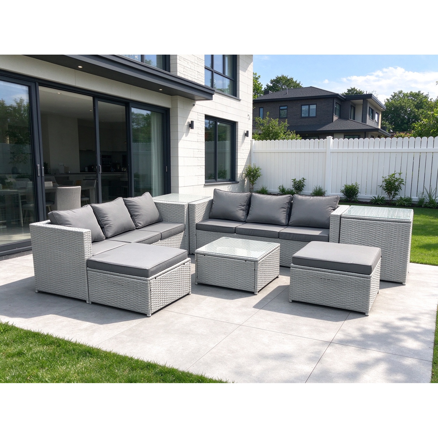 Rackhams Light/Grey Rattan Garden Outdoor Furniture Set 8 Seater Rattan Garden Sofa Set With 2 Big Footstools 2 Side Tables Mixed - Image 2