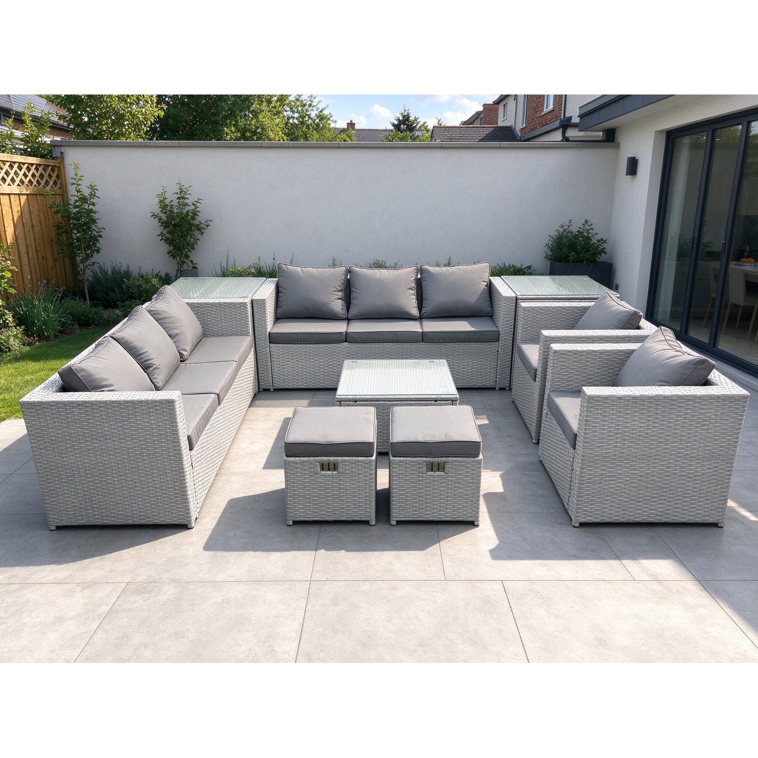 Rackhams Light/Grey 10 Seater Rattan Garden Furniture Set With 2 Sofas, 2 Armchairs, Square Coffee Table, 2 Footstools & 2 Side Tables - Mixed - Image 2