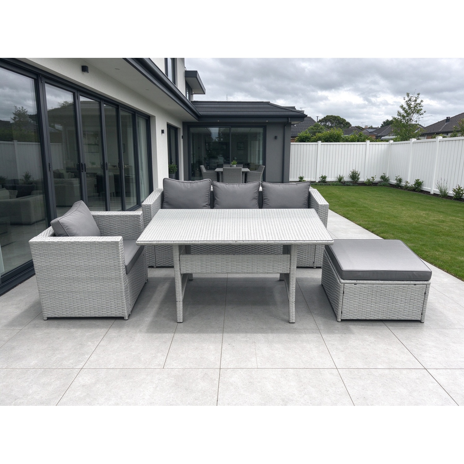 Fimous Light/Grey Garden Dining Set Outdoor Rattan Furniture Set With Sofa Dining Table Big Footstool Mixed - Image 2